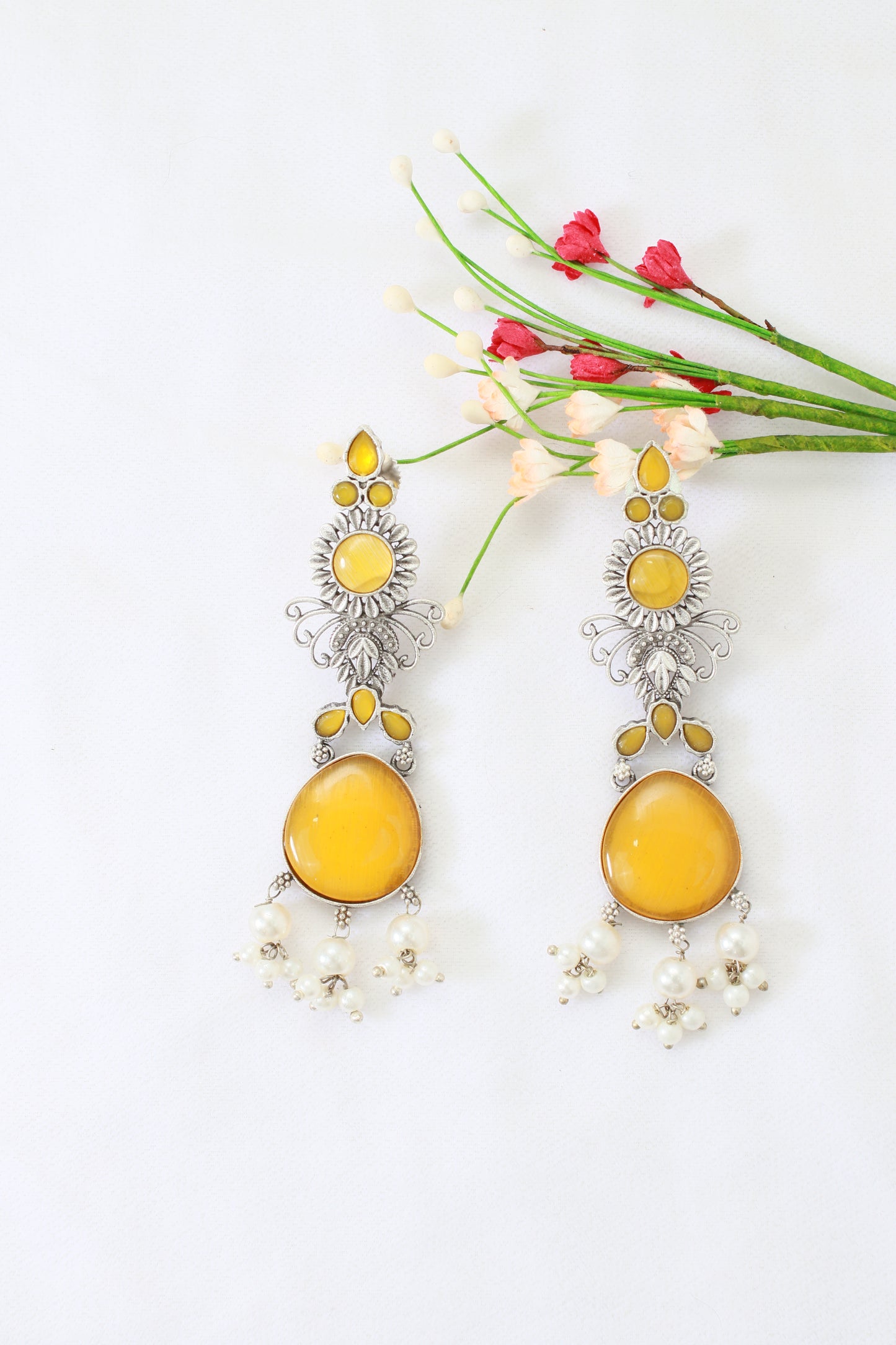 Yellow Monalisa Stone Long Oxidised German Silver Earrings with Pearls