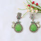 Temple Cow Motif Teardrop Earrings with Green Monalisa | Oxidised German Silver