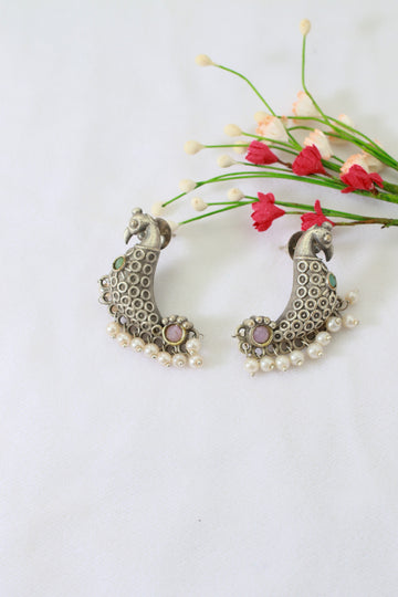 Peacock Hoop Oxidised German Silver Earrings with Multicolour Monalisa Accents & Pearls