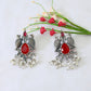 Ruby Red Monalisa Bird Motif Oxidised German Silver Earrings with Pearls