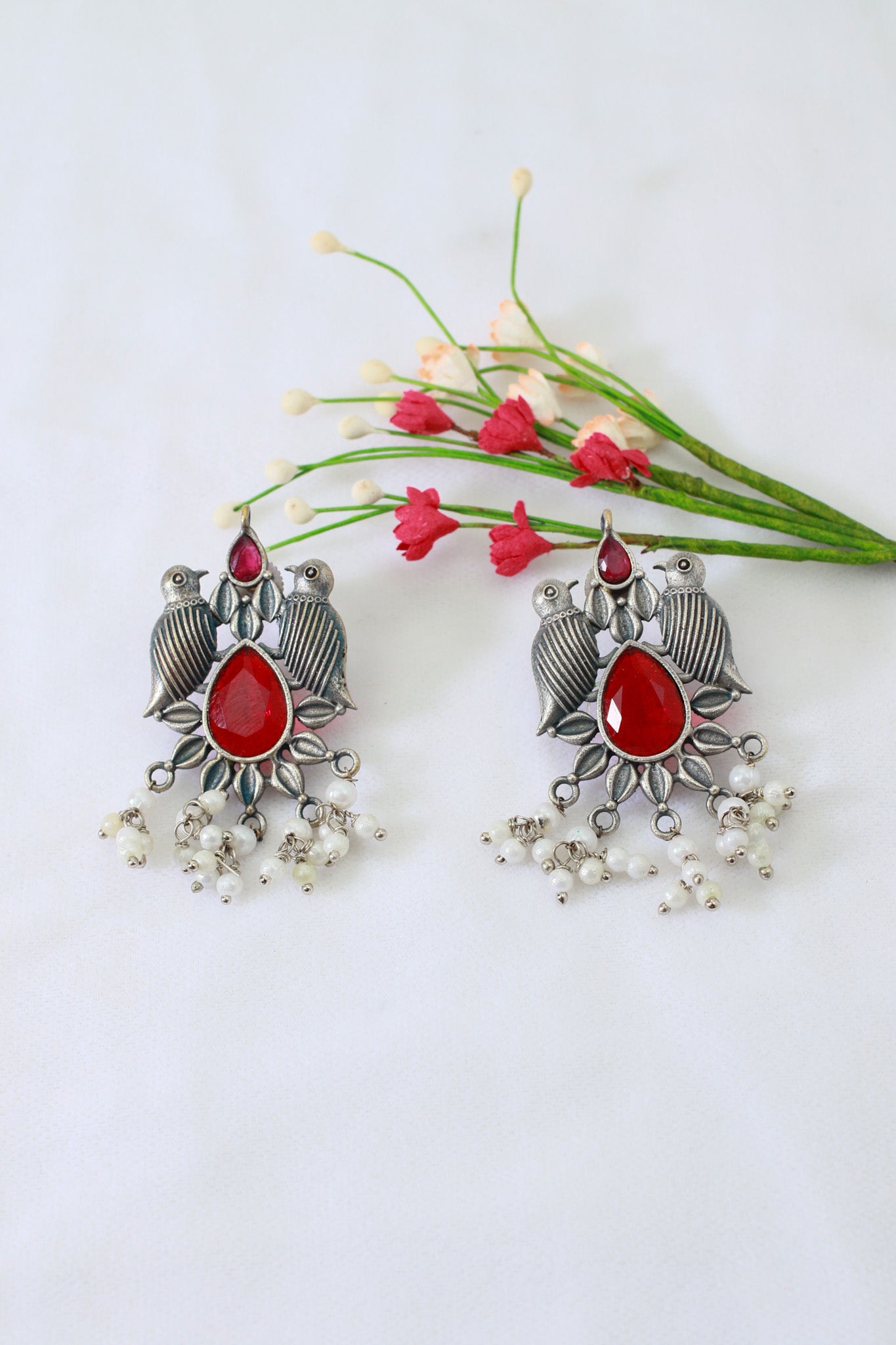Ruby Red Monalisa Bird Motif Oxidised German Silver Earrings with Pearls