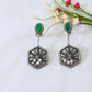 Hexa Sunburst Drop Earrings with Green Monalisa Stud | Oxidised