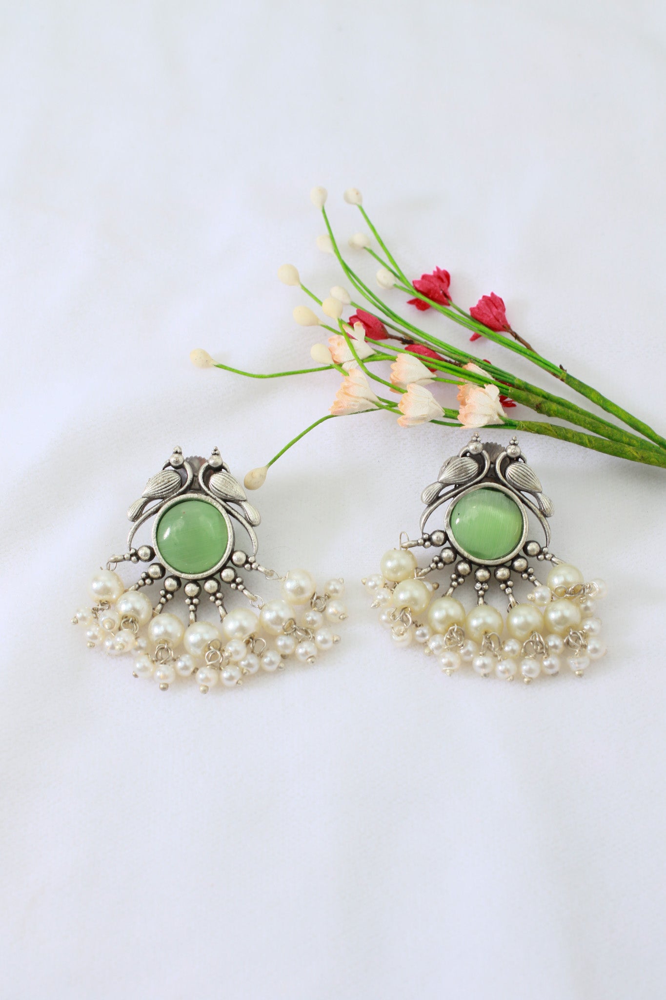 Green Monalisa Round Studs with Pearl Cluster | Oxidised German Silver