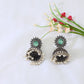 Green Monalisa Stone Oxidised German Silver Jhumka Earrings with Pearl Drops