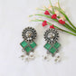 Green Monalisa Stone Square Oxidised Stud Earrings