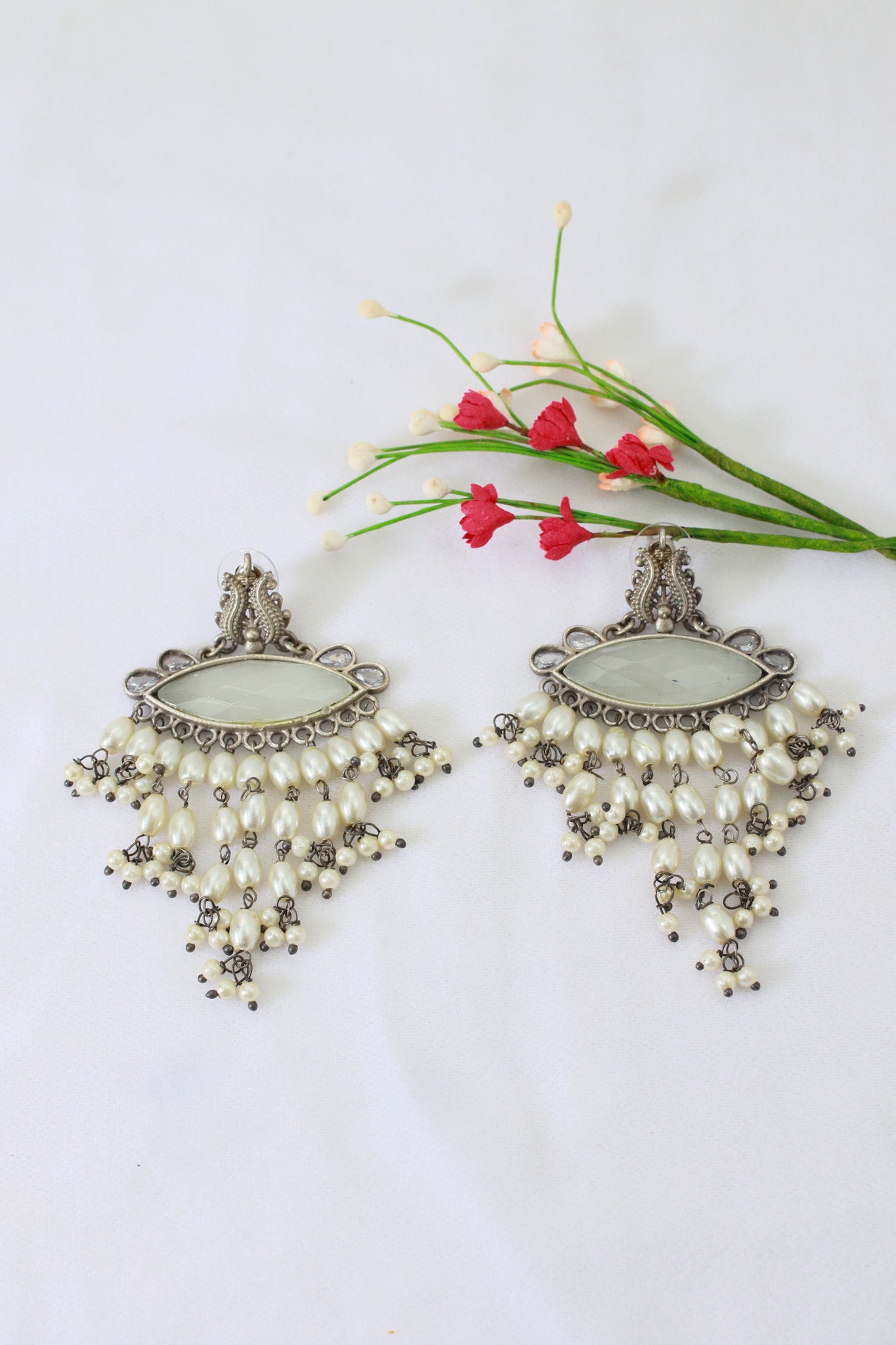 Ivory Navette Monalisa Waterfall Pearl Earrings | Oxidised German Silver