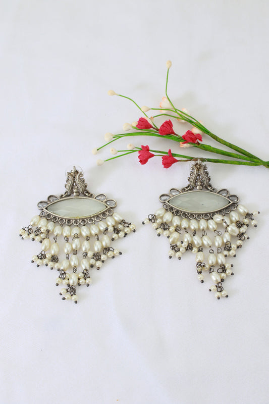 Ivory Navette Monalisa Waterfall Pearl Earrings | Oxidised German Silver