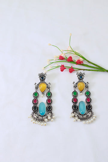 Multi‑Stone Temple Chand Dangler with Blue Oval Monalisa | Oxidised