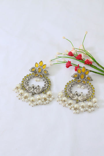 Yellow Monalisa Twin Peacock Chandbali with Pearls | Oxidised