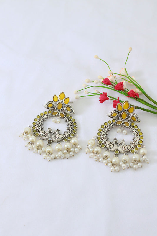 Yellow Monalisa Twin Peacock Chandbali with Pearls | Oxidised