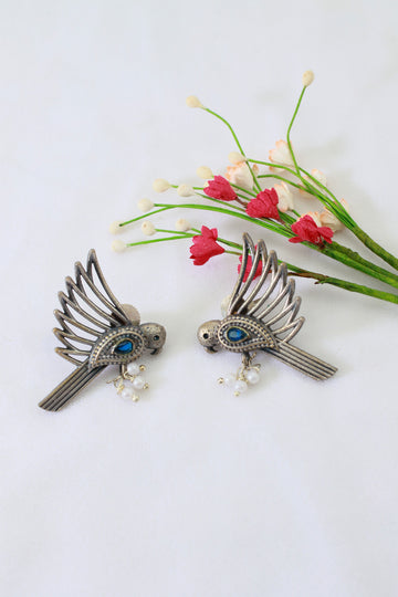 Antique Oxidised Silver Bird Stud Earrings with Blue Monalisa Stone