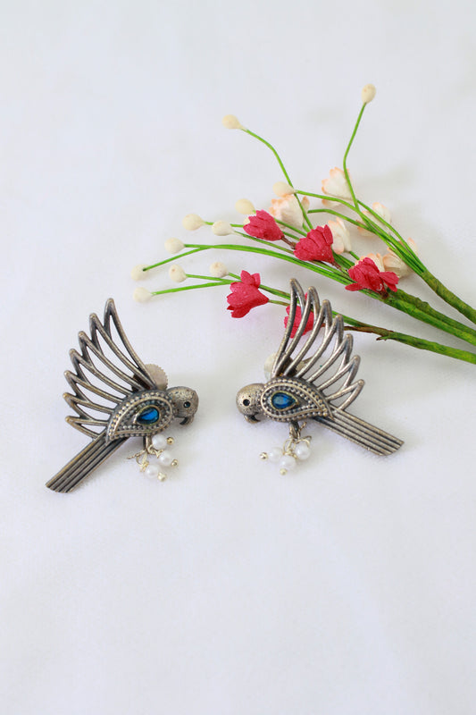 Antique Oxidised Silver Bird Stud Earrings with Blue Monalisa Stone