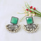 Green Monalisa Stone Half-Moon Oxidised German Silver Earrings with Pearl Tassels