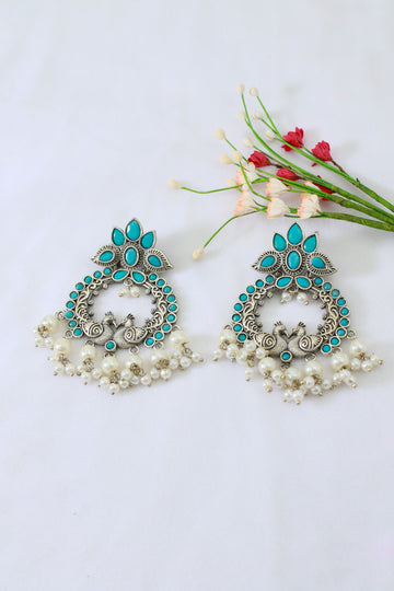 Blue Monalisa Twin Peacock Chandbali with Pearls | Oxidised German Silver