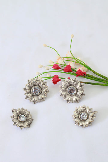 Floral Crystal Stud Earrings in German Silver – Oxidised Antique Finish