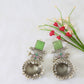 Green Monalisa Stone Dome Shaped Oxidised Jhumka Earrings