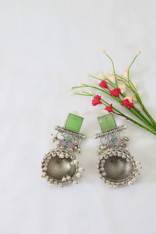 Green Monalisa Stone Dome Shaped Oxidised Jhumka Earrings