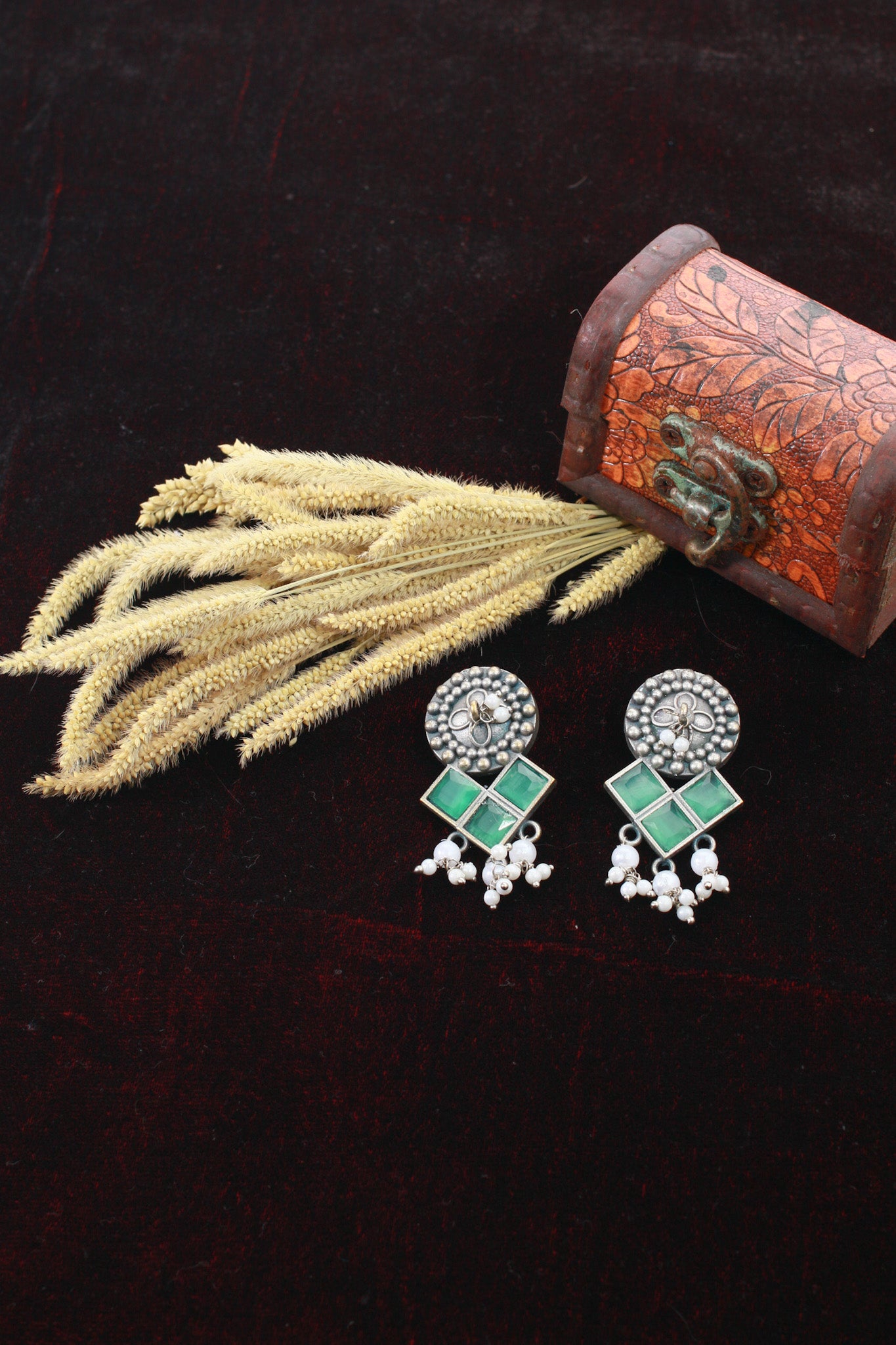 Green Monalisa Stone Square Oxidised Stud Earrings