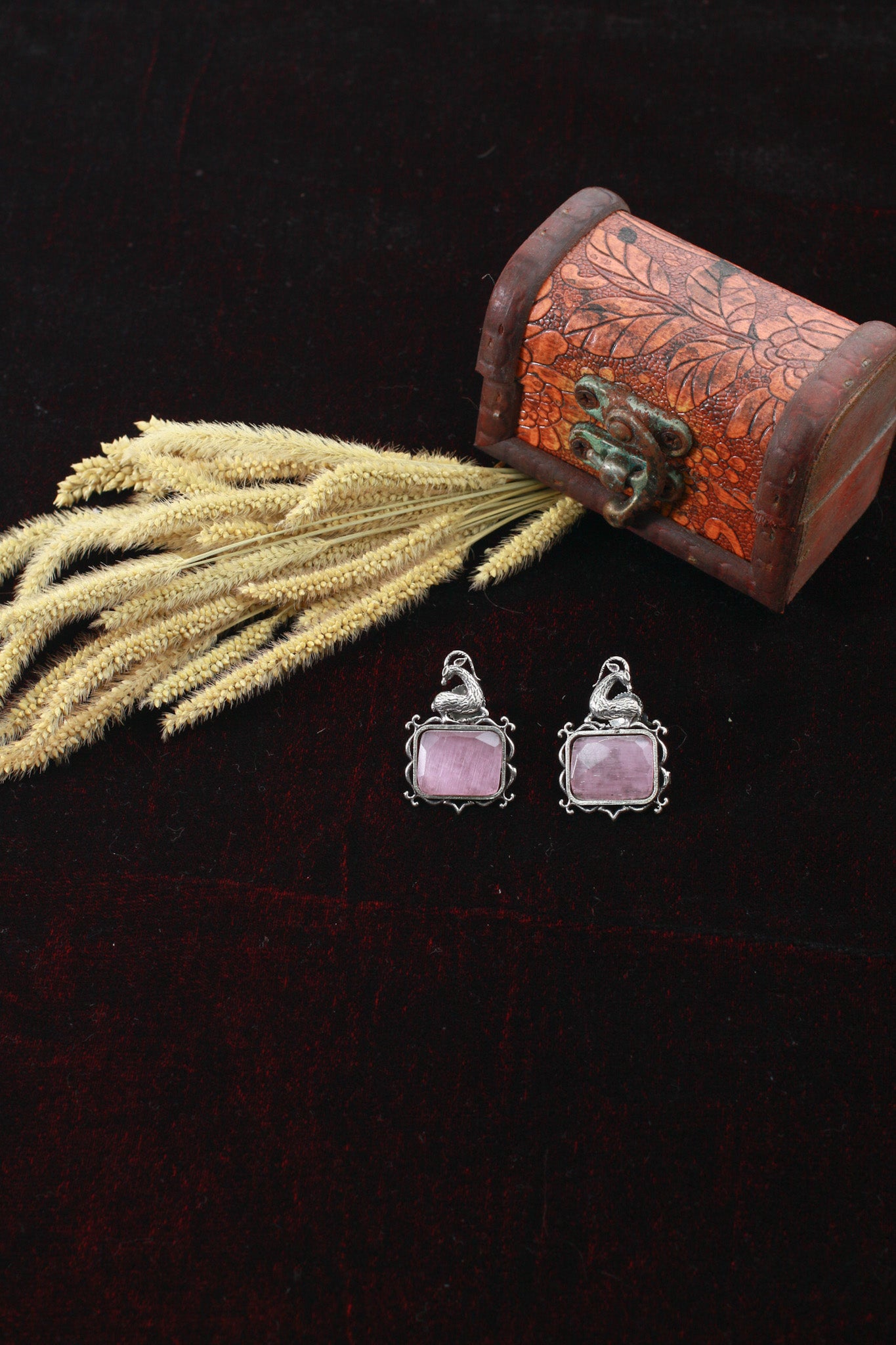 Pink Monalisa Rectangle Oxidised German Silver Earrings with Deer Motif