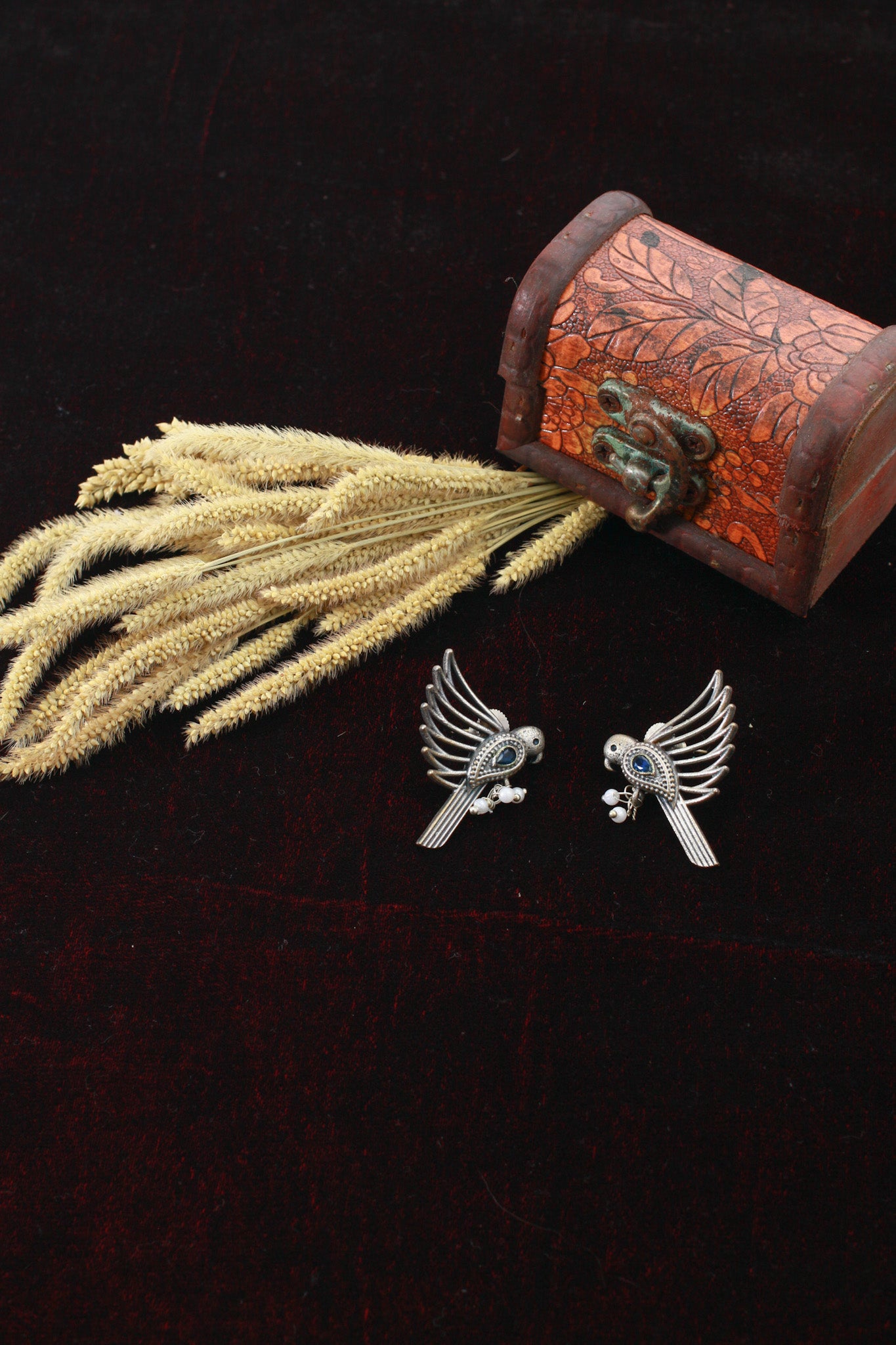 Antique Oxidised Silver Bird Stud Earrings with Blue Monalisa Stone