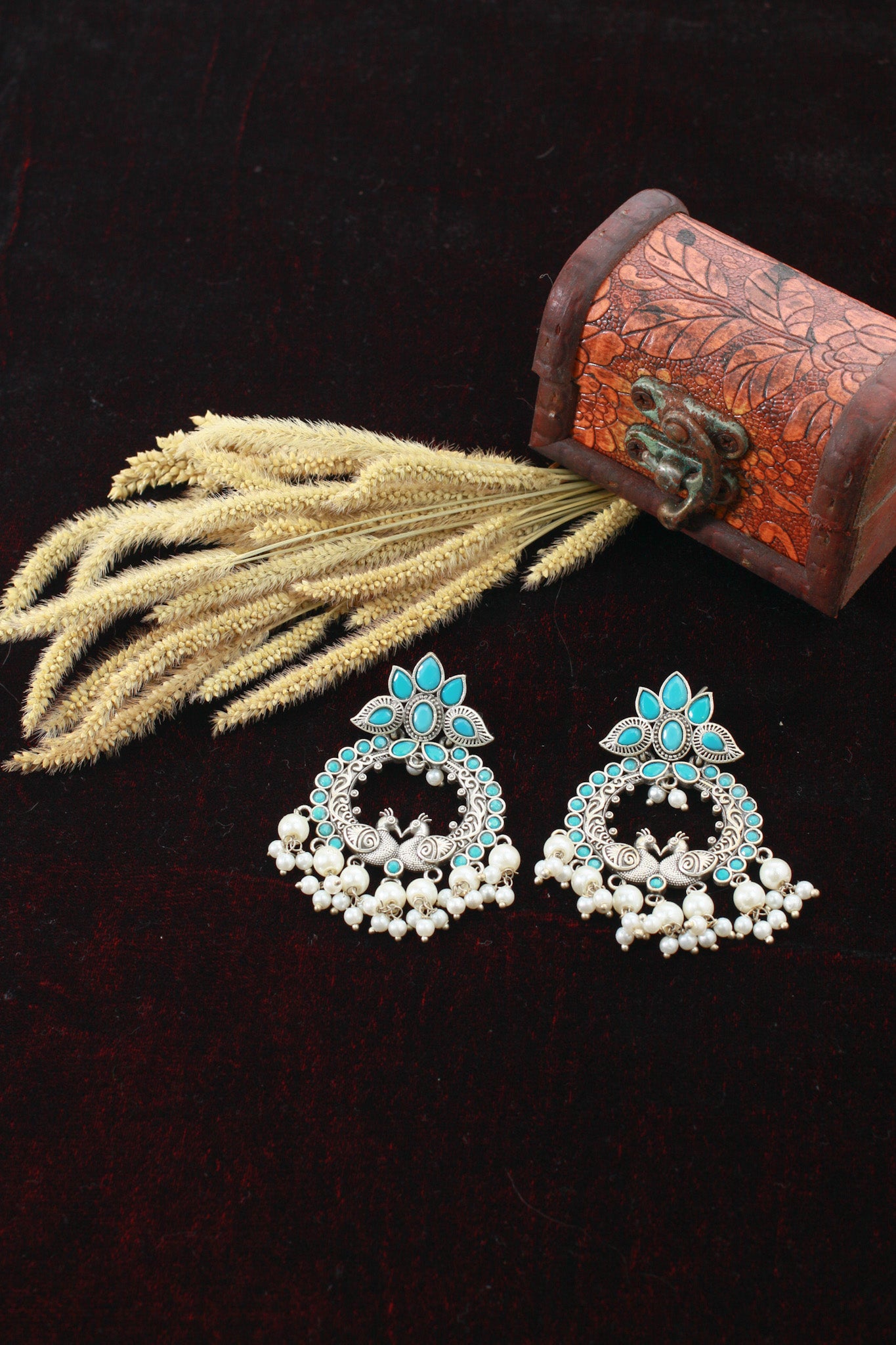 Blue Monalisa Twin Peacock Chandbali with Pearls | Oxidised German Silver