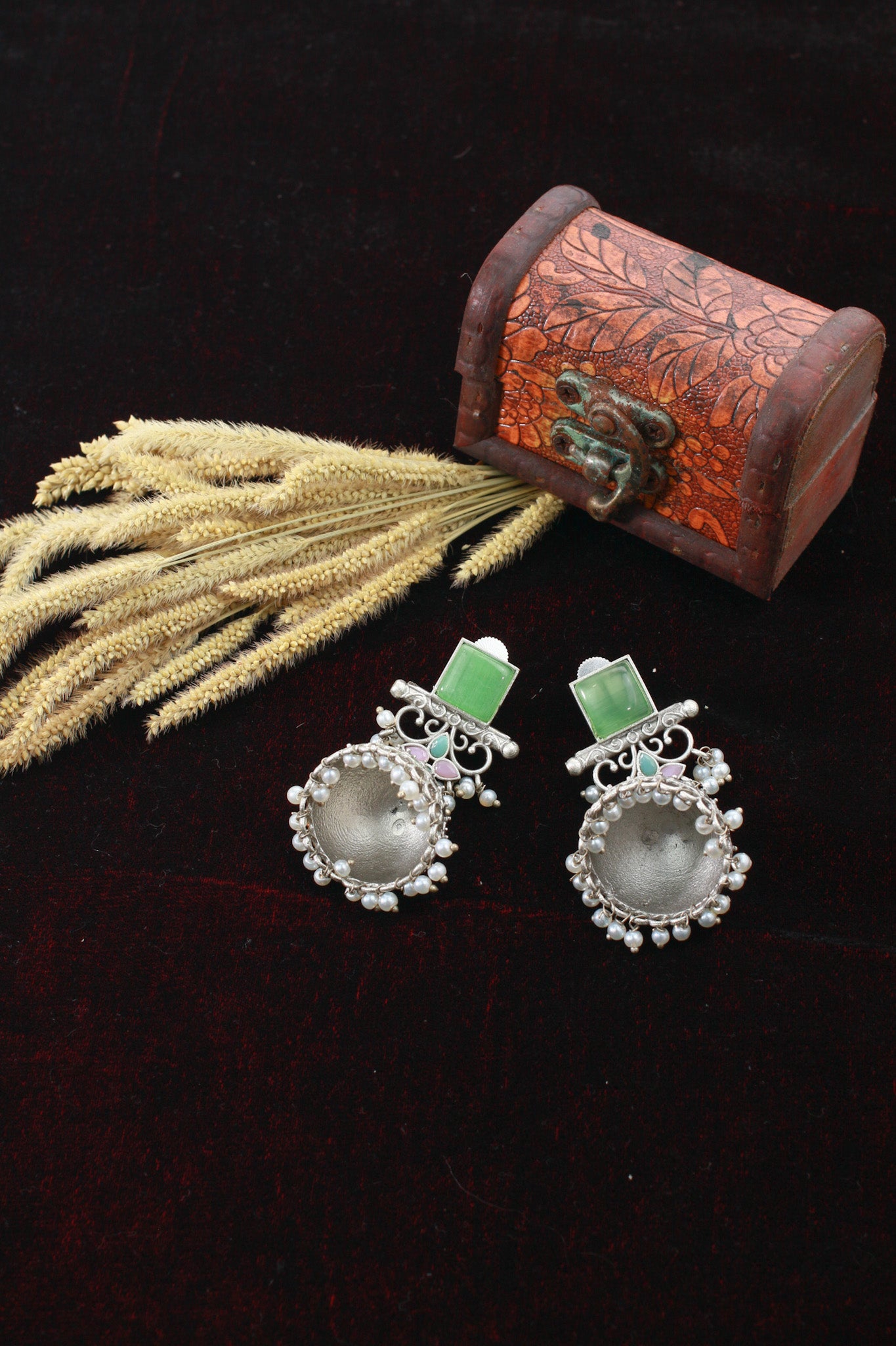 Green Monalisa Stone Dome Shaped Oxidised Jhumka Earrings