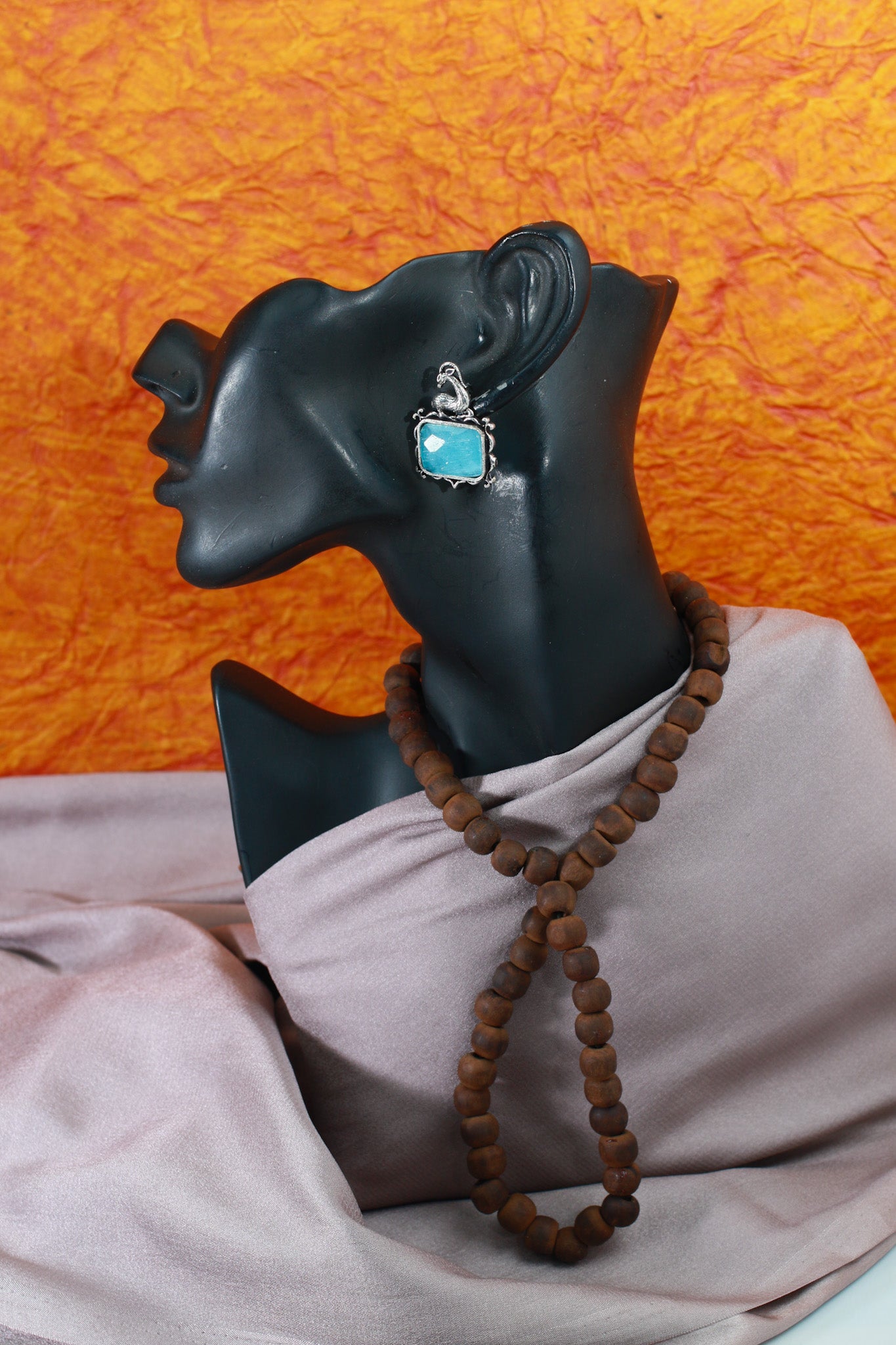 Blue Monalisa Rectangle Oxidised German Silver Earrings with Deer Motif