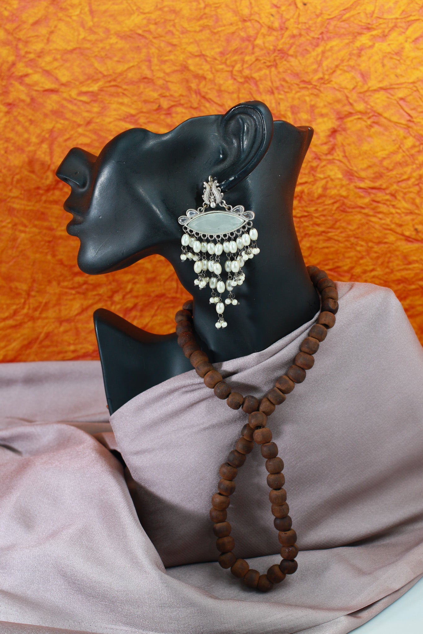 Ivory Navette Monalisa Waterfall Pearl Earrings | Oxidised German Silver