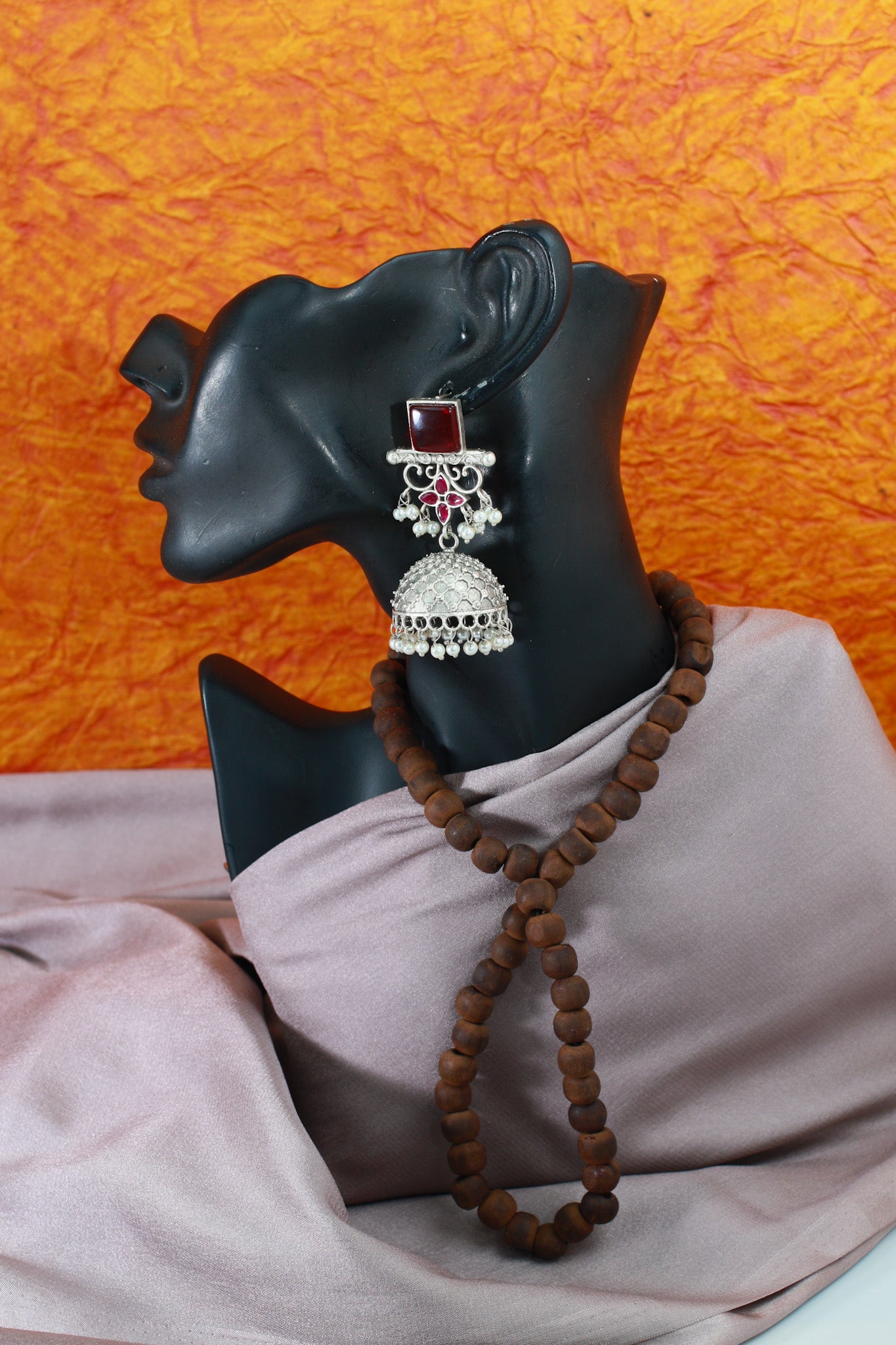 Red Monalisa Stone Oxidised Silver Dome Earrings