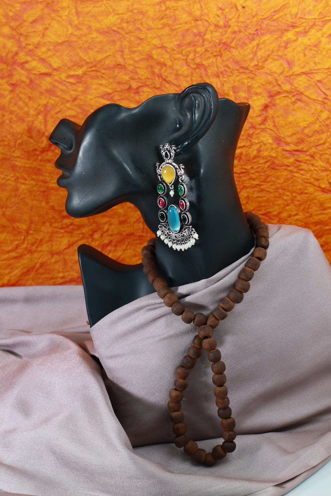 Multi‑Stone Temple Chand Dangler with Blue Oval Monalisa | Oxidised