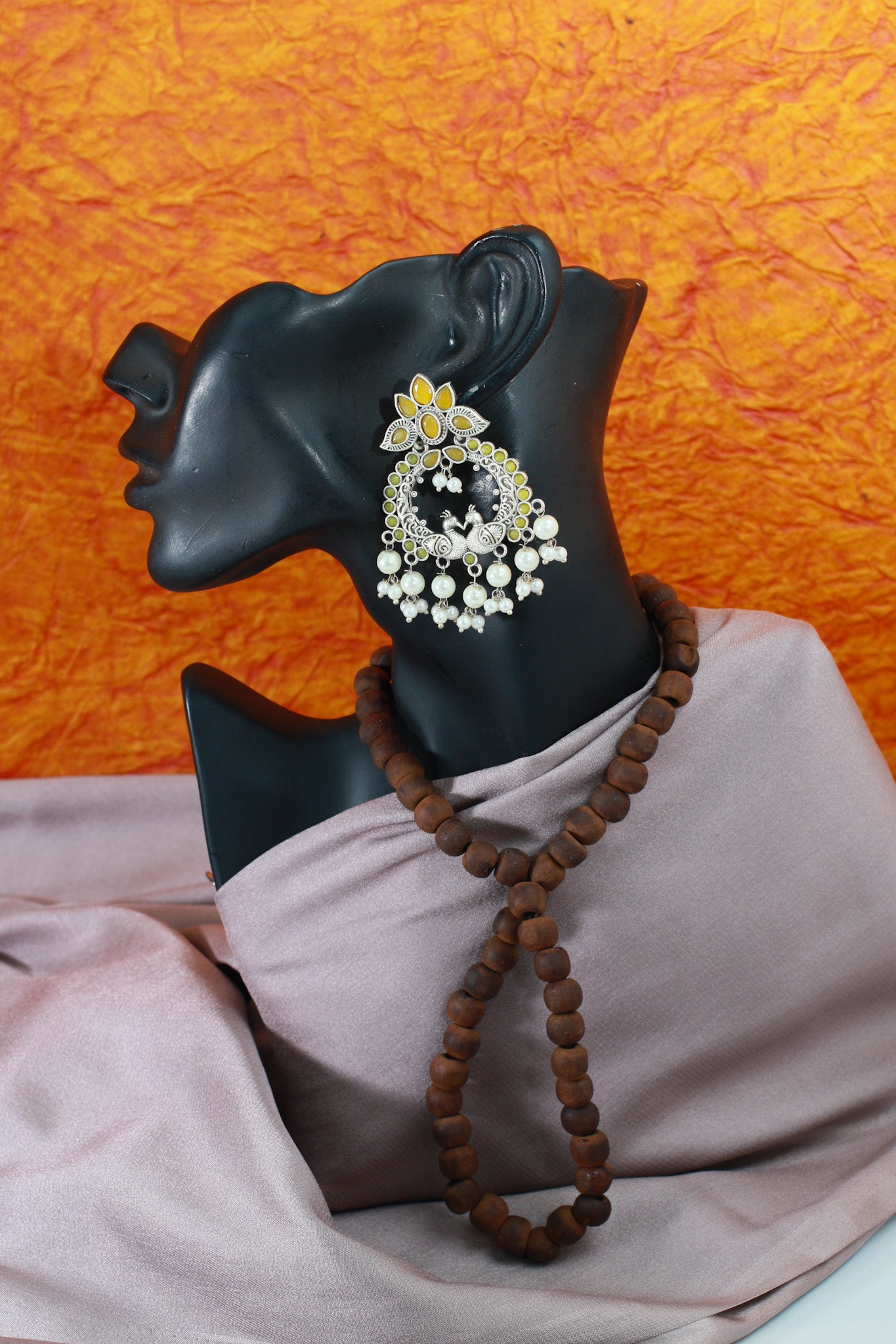 Yellow Monalisa Twin Peacock Chandbali with Pearls | Oxidised