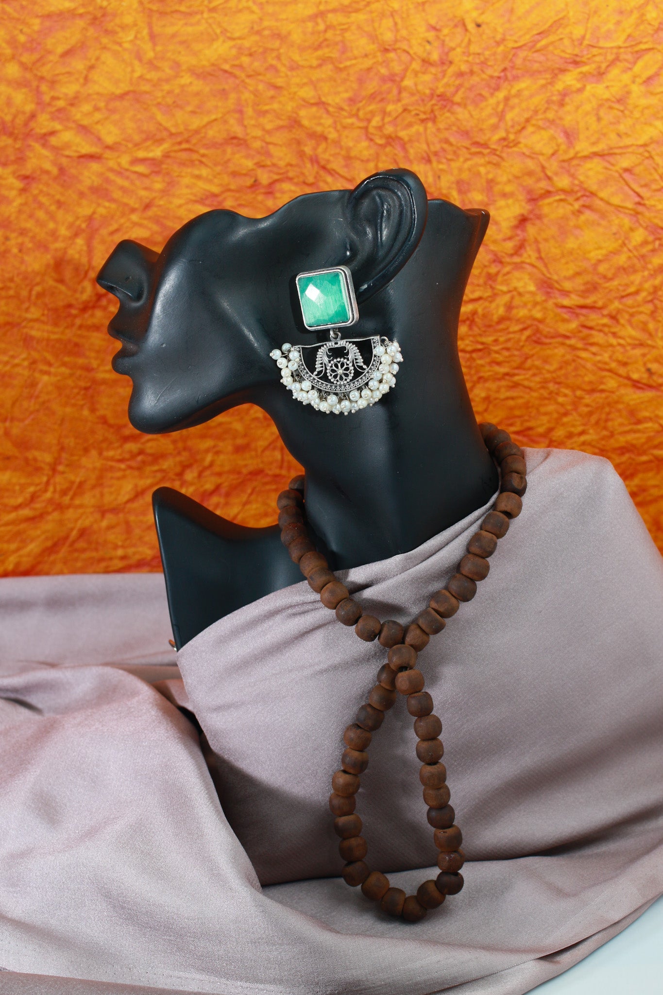 Green Monalisa Stone Half-Moon Oxidised German Silver Earrings with Pearl Tassels