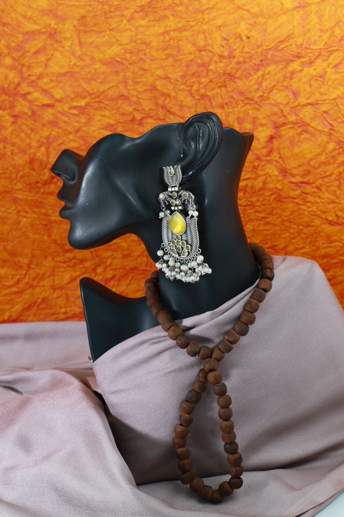 Yellow Monalisa Stone Lotus Design German Silver Earrings