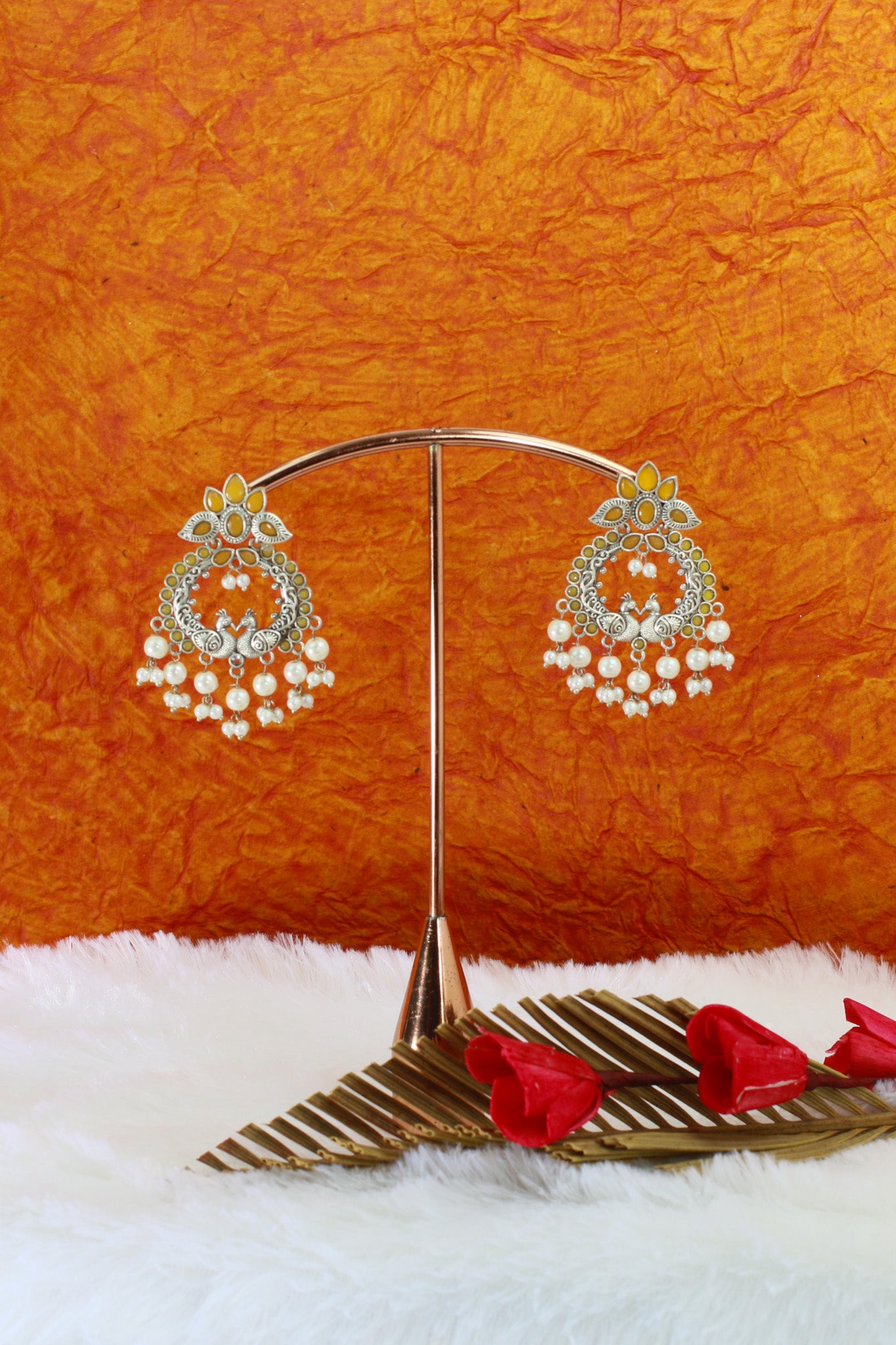 Yellow Monalisa Twin Peacock Chandbali with Pearls | Oxidised