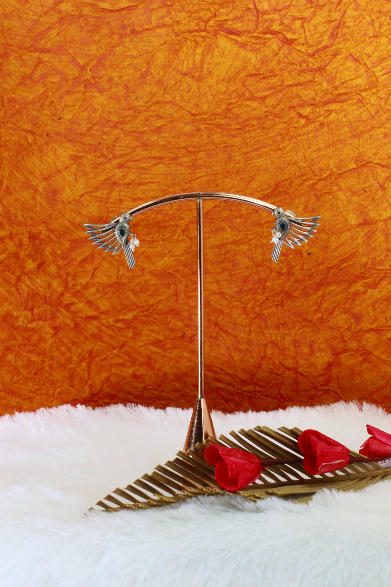 Antique Oxidised Silver Bird Stud Earrings with Blue Monalisa Stone