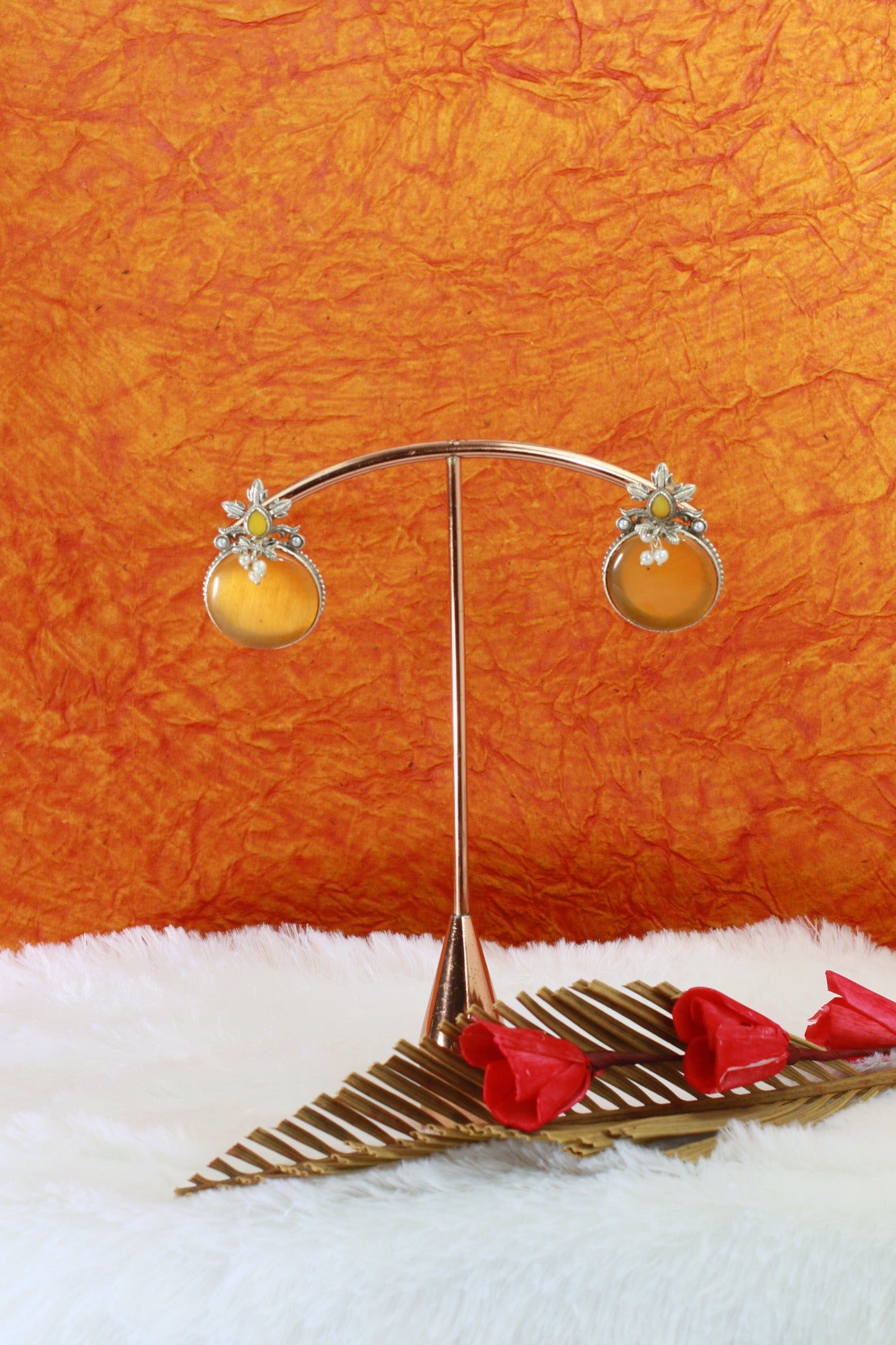 Honey Yellow Monalisa Round Studs with Floral Pearl Accent | Oxidised