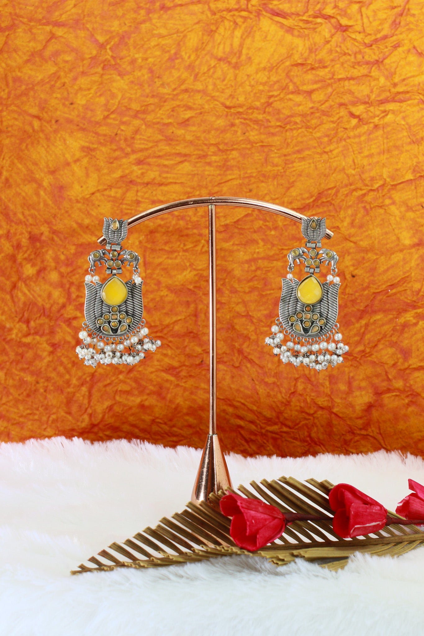 Yellow Monalisa Stone Lotus Design German Silver Earrings