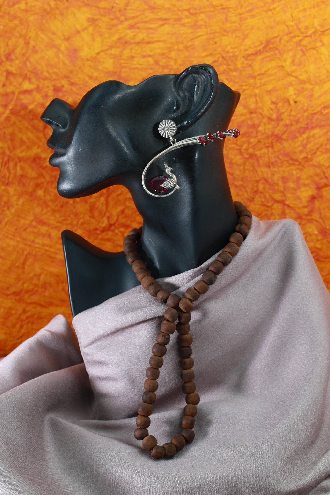 Maroon Monalisa Peacock Ear Cuff Earrings | Oxidised German Silver Statement