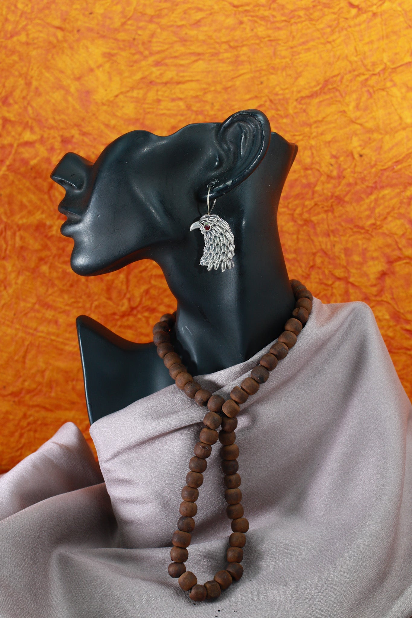 Oxidised German Silver Eagle Head Earrings with Red Stone Eyes