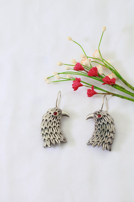 Oxidised German Silver Eagle Head Earrings with Red Stone Eyes