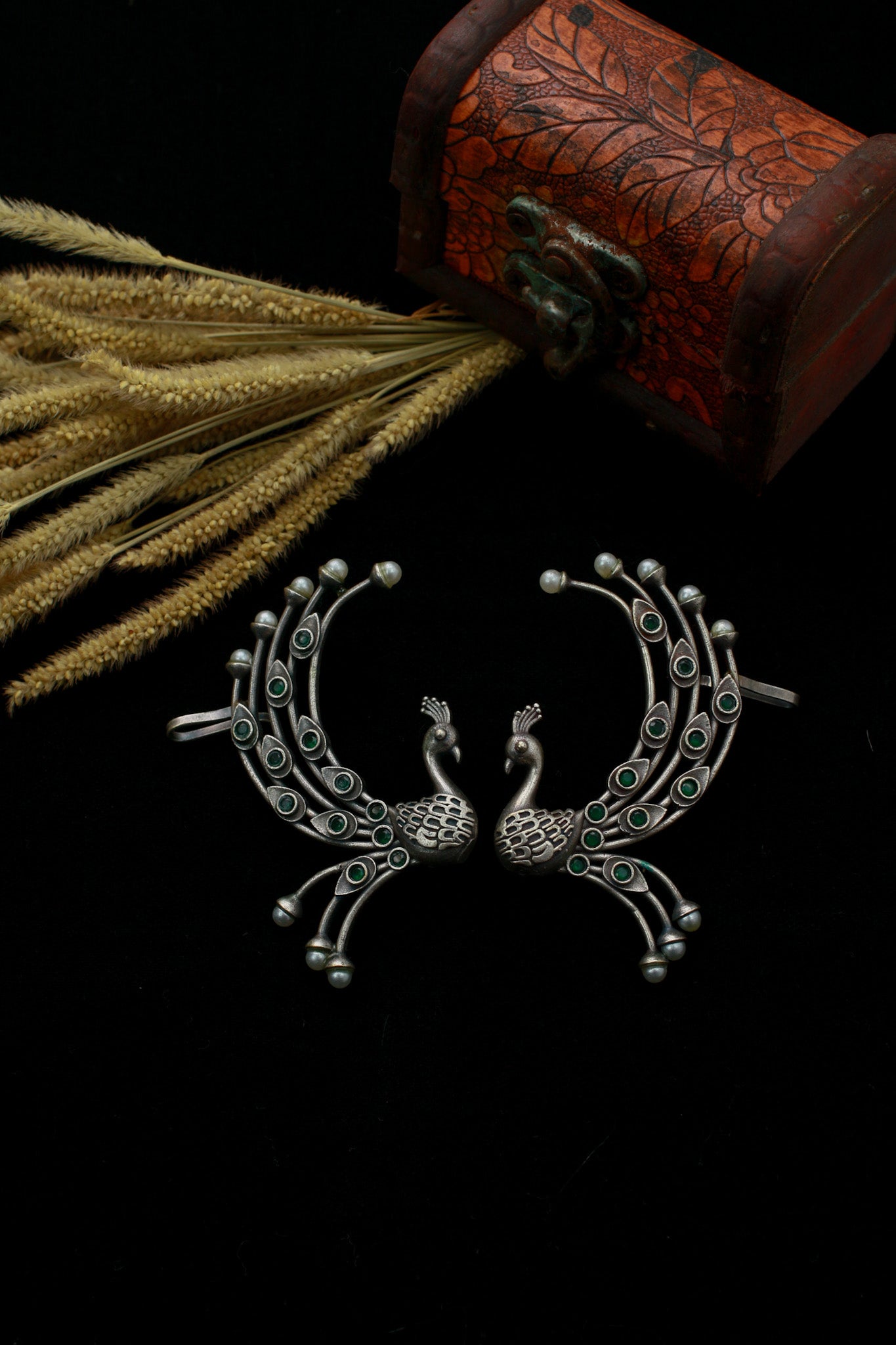 Peacock Ear Cuff Style Earrings with Green Accents | Oxidised German Silver