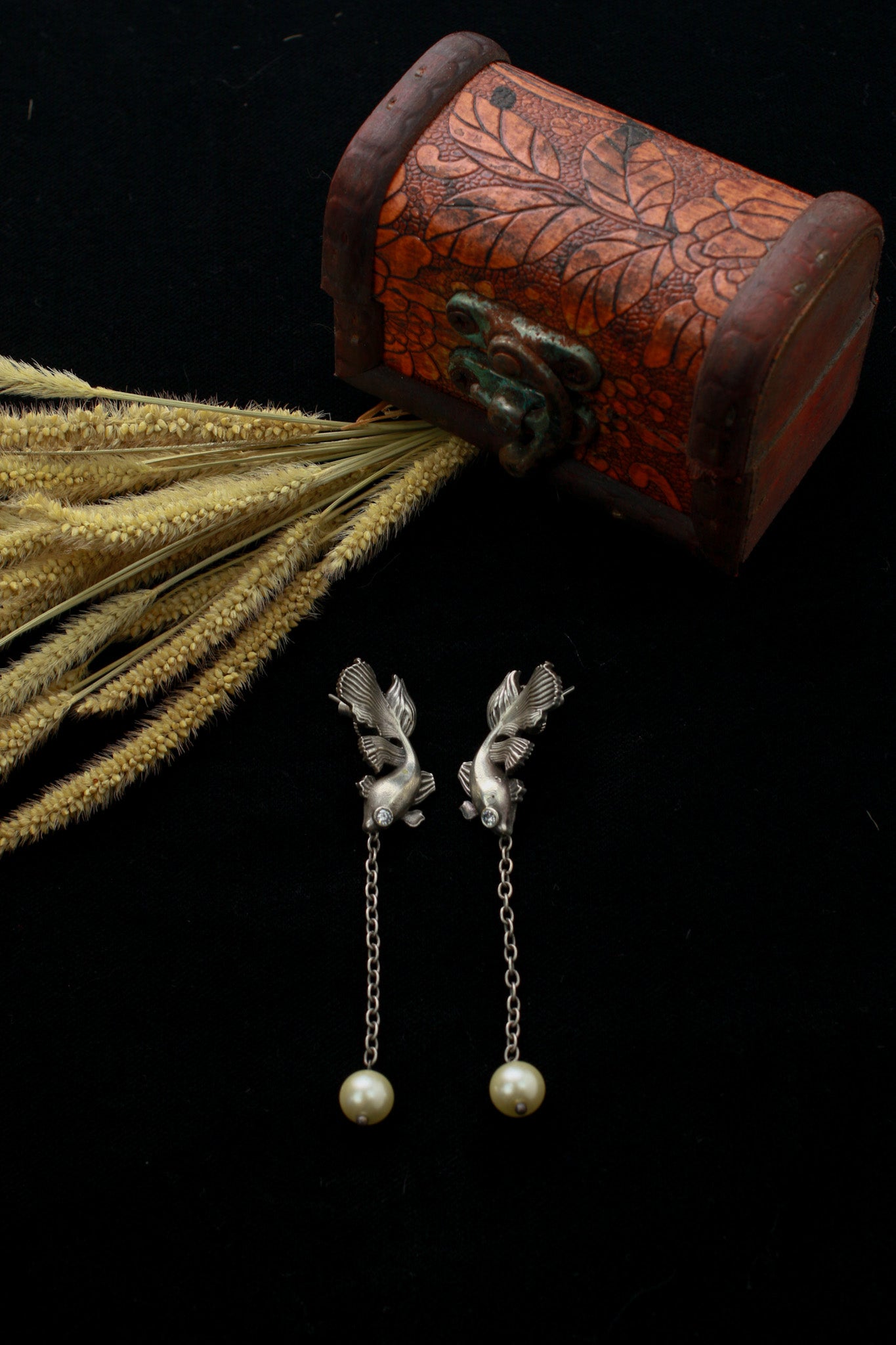 Fish Motif Chain Drop Oxidised German Silver Earrings with Pearl Ends