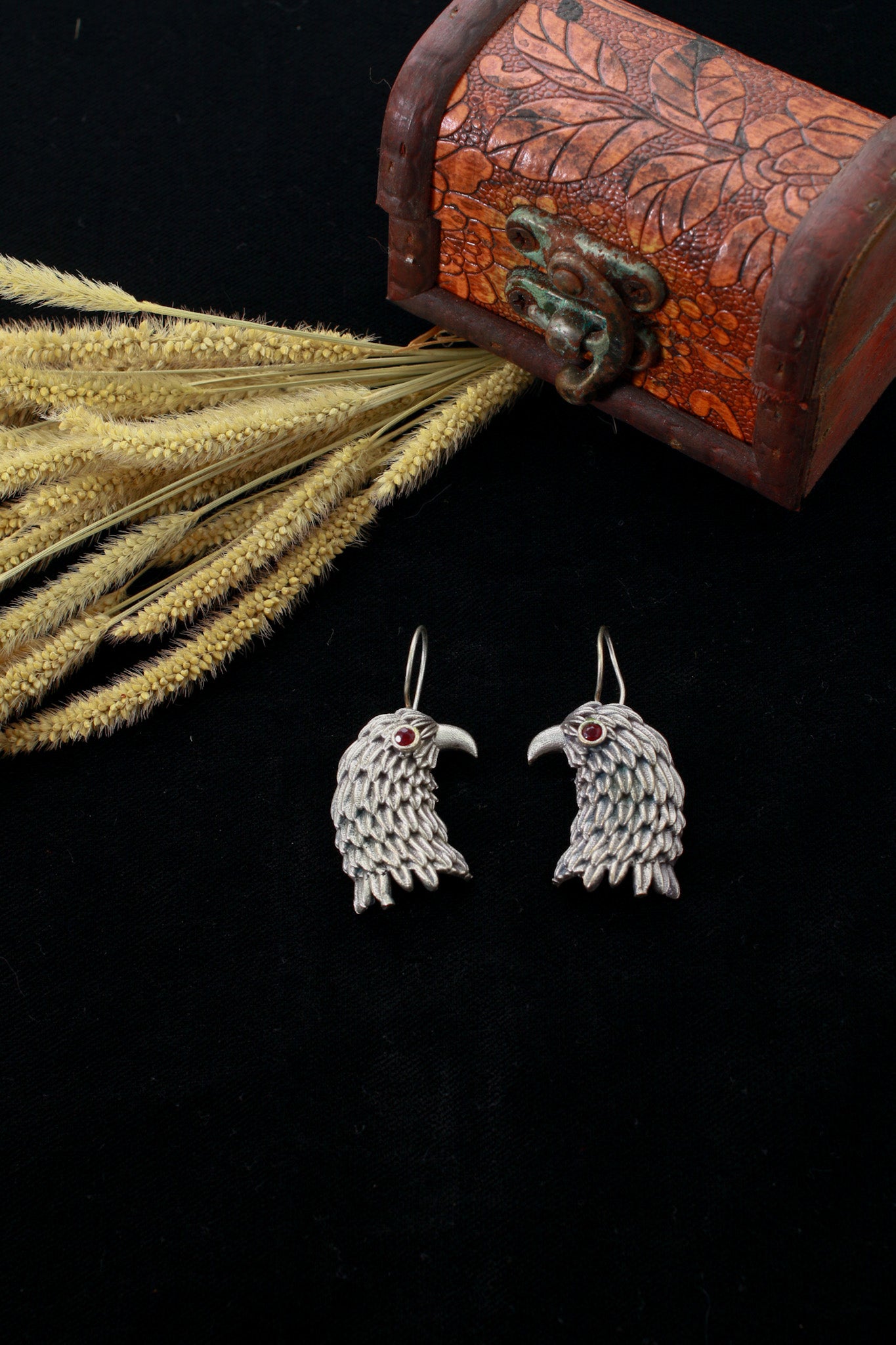 Oxidised German Silver Eagle Head Earrings with Red Stone Eyes