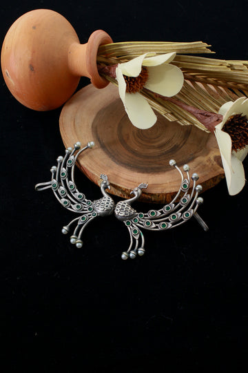Peacock Ear Cuff Style Earrings with Green Accents | Oxidised German Silver