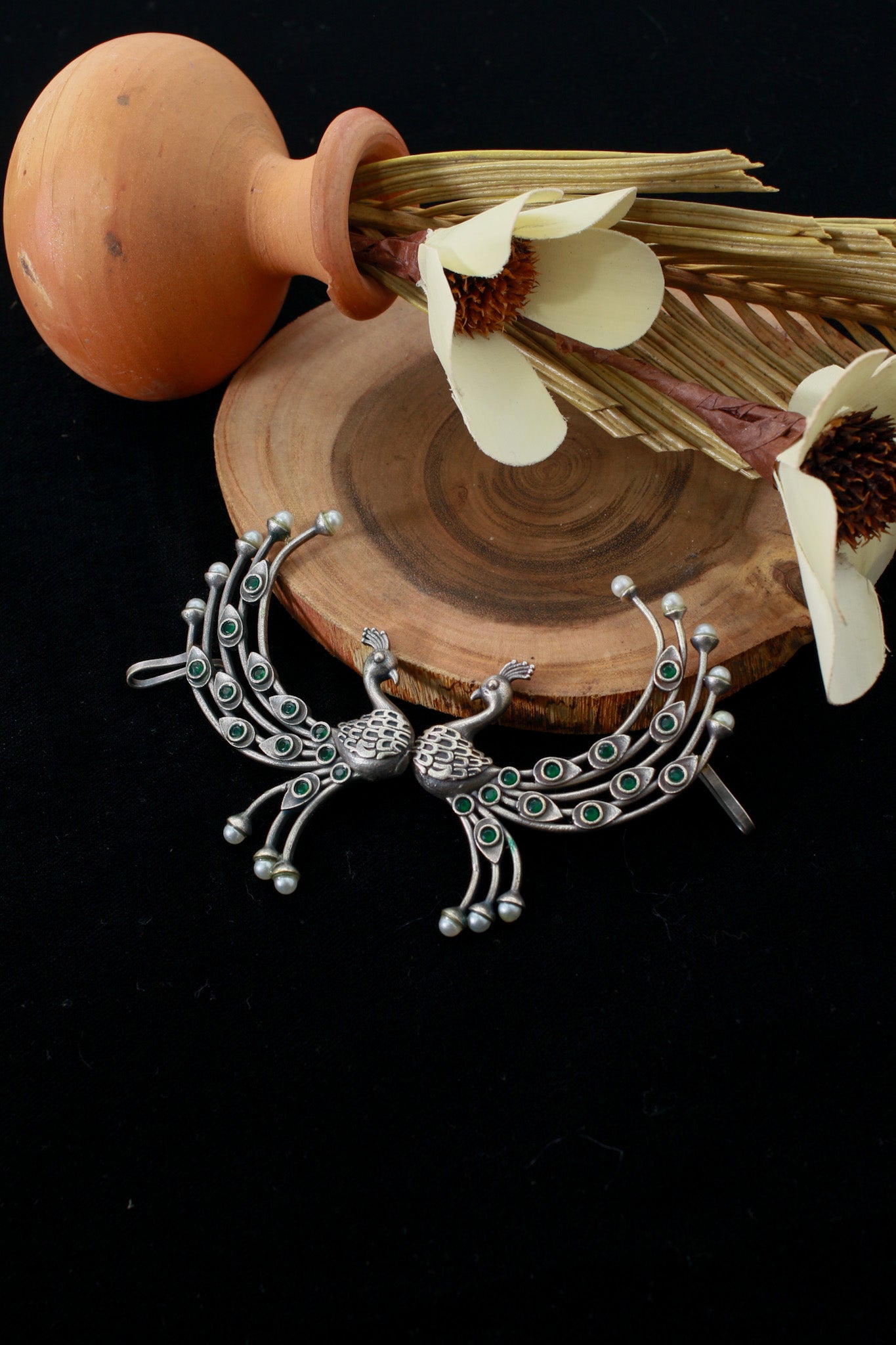 Peacock Ear Cuff Style Earrings with Green Accents | Oxidised German Silver