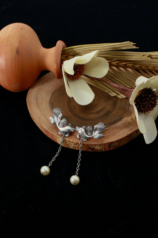 Fish Motif Chain Drop Oxidised German Silver Earrings with Pearl Ends