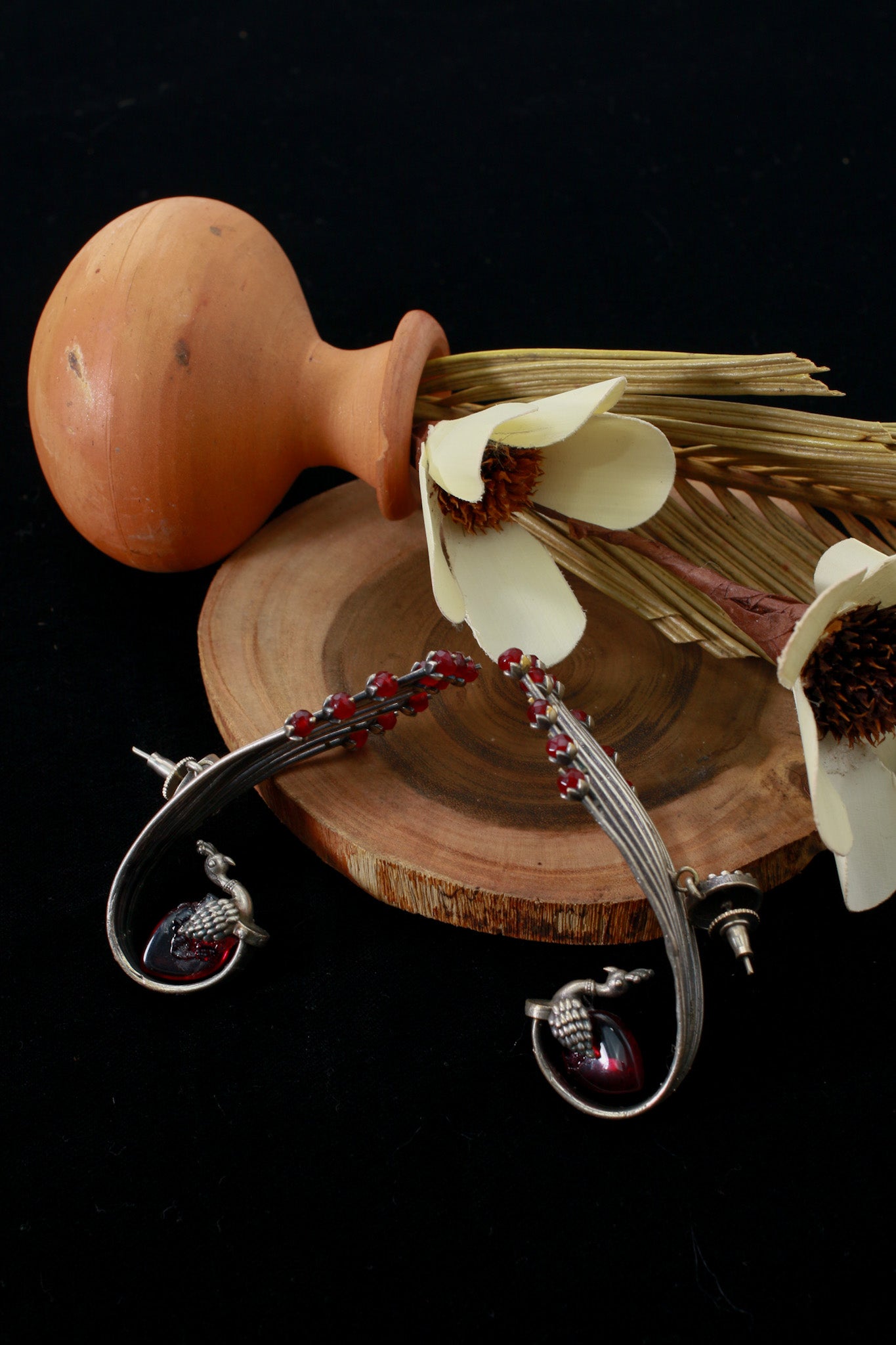 Maroon Monalisa Peacock Ear Cuff Earrings | Oxidised German Silver Statement