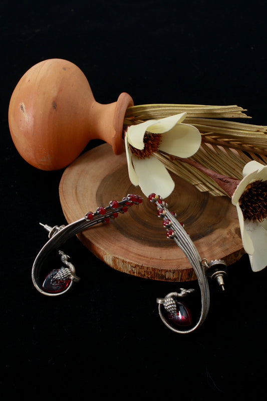 Maroon Monalisa Peacock Ear Cuff Earrings | Oxidised German Silver Statement