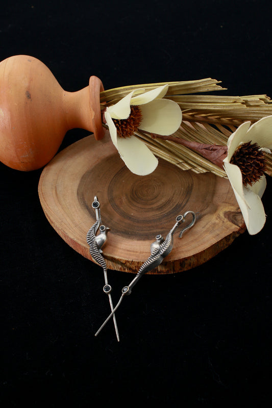 Traditional Oxidised German Silver Bugadi Earrings with Blue Stone Accents