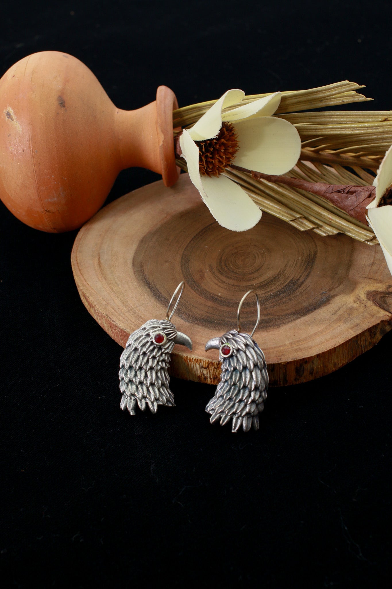Oxidised German Silver Eagle Head Earrings with Red Stone Eyes